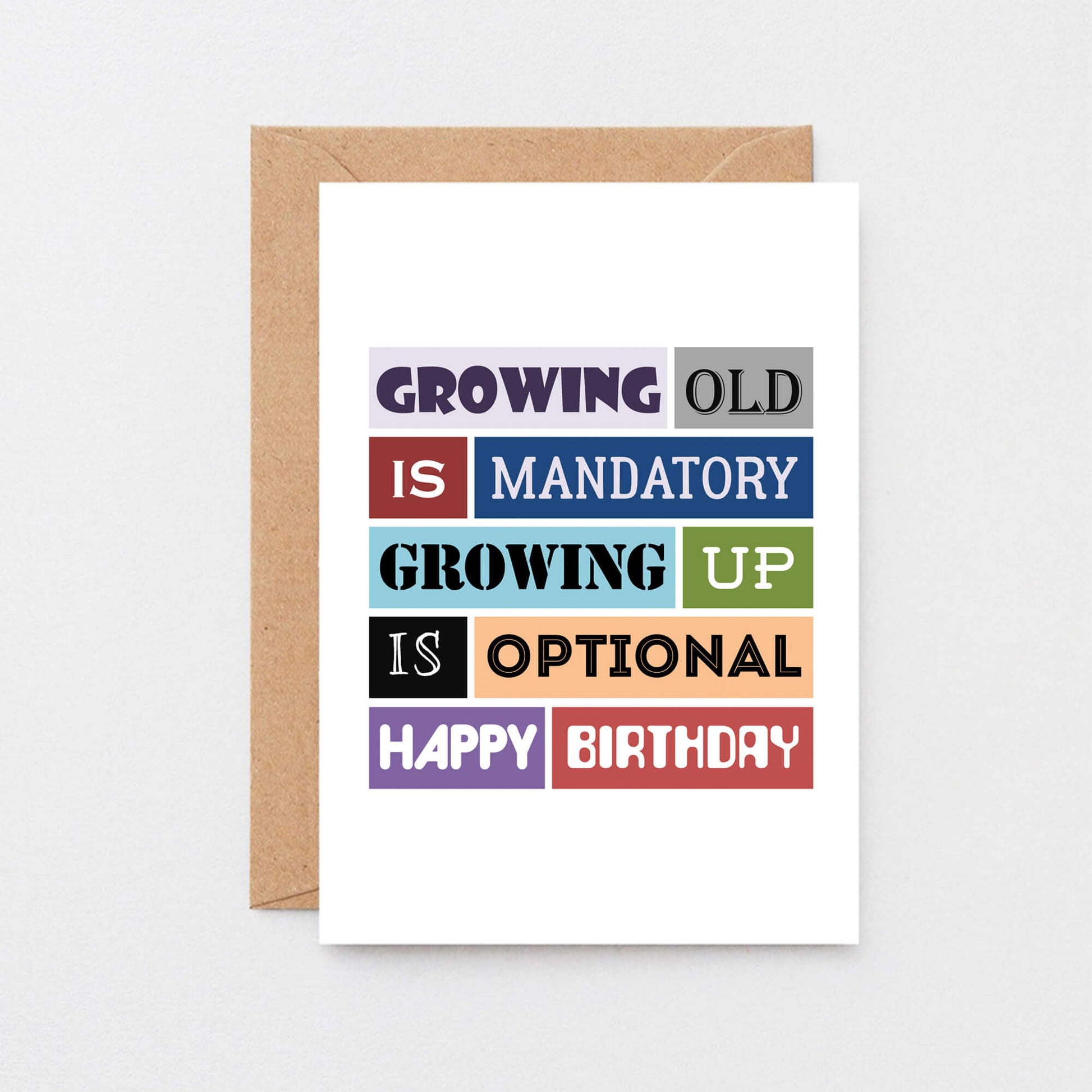 Birthday Card by SixElevenCreations. Reads Growing old is mandatory growing up is optional. Happy birthday. Product Code SE0089A6