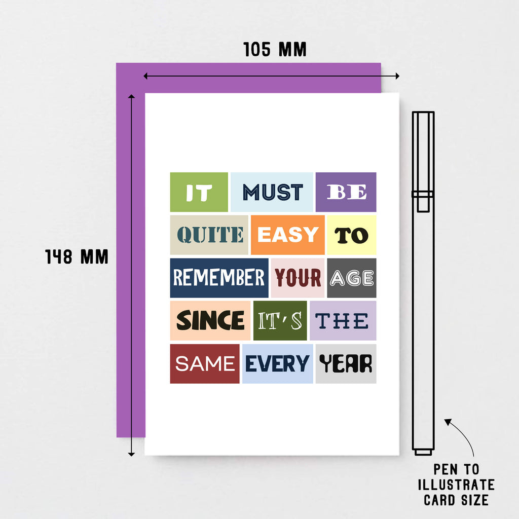 Birthday Card by SixElevenCreations. Reads It must be quite easy to remember your age since it's the same every year. Product Code SE0106A6