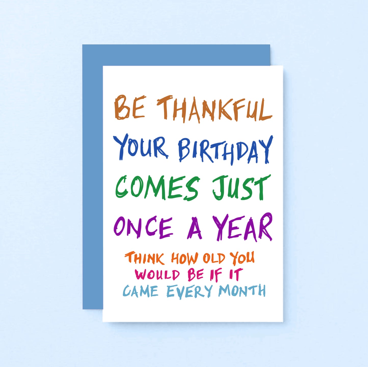 Birthday Card by SixElevenCreations. Reads Be thankful your birthday comes just once a year. Think how old you would be if it came every month. Product Code SE1000A6