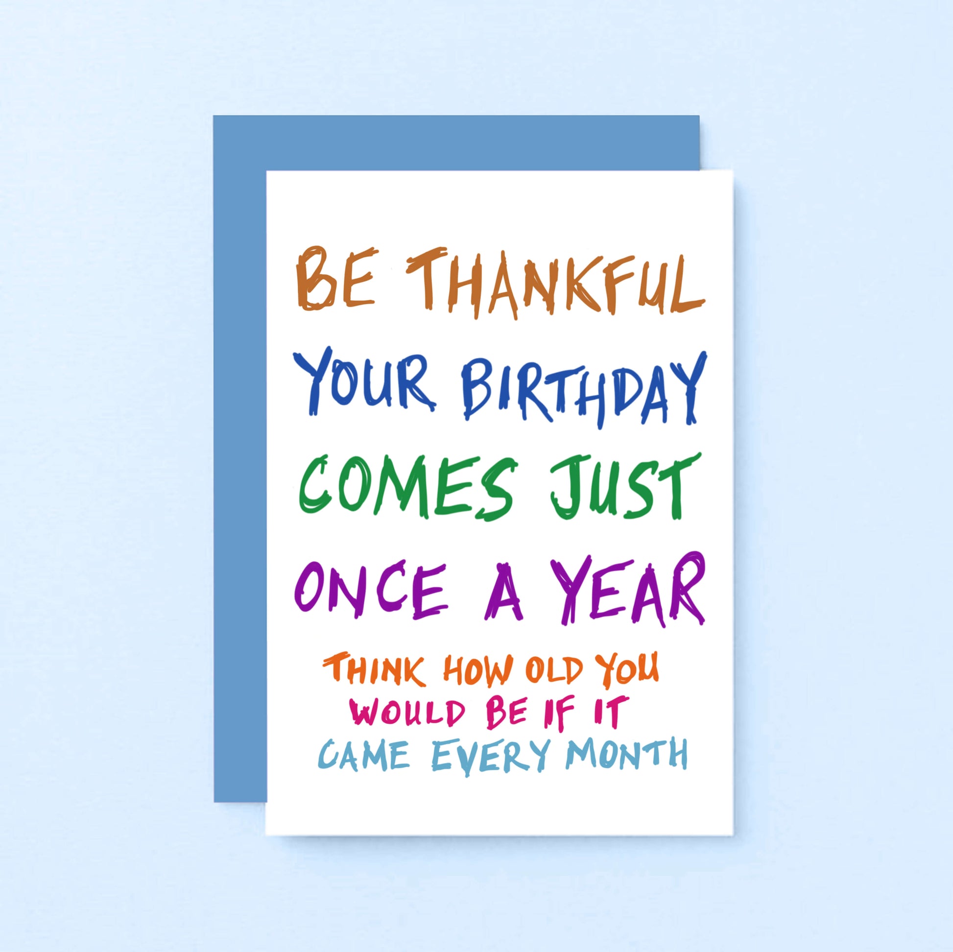 Birthday Card by SixElevenCreations. Reads Be thankful your birthday comes just once a year. Think how old you would be if it came every month. Product Code SE1000A6