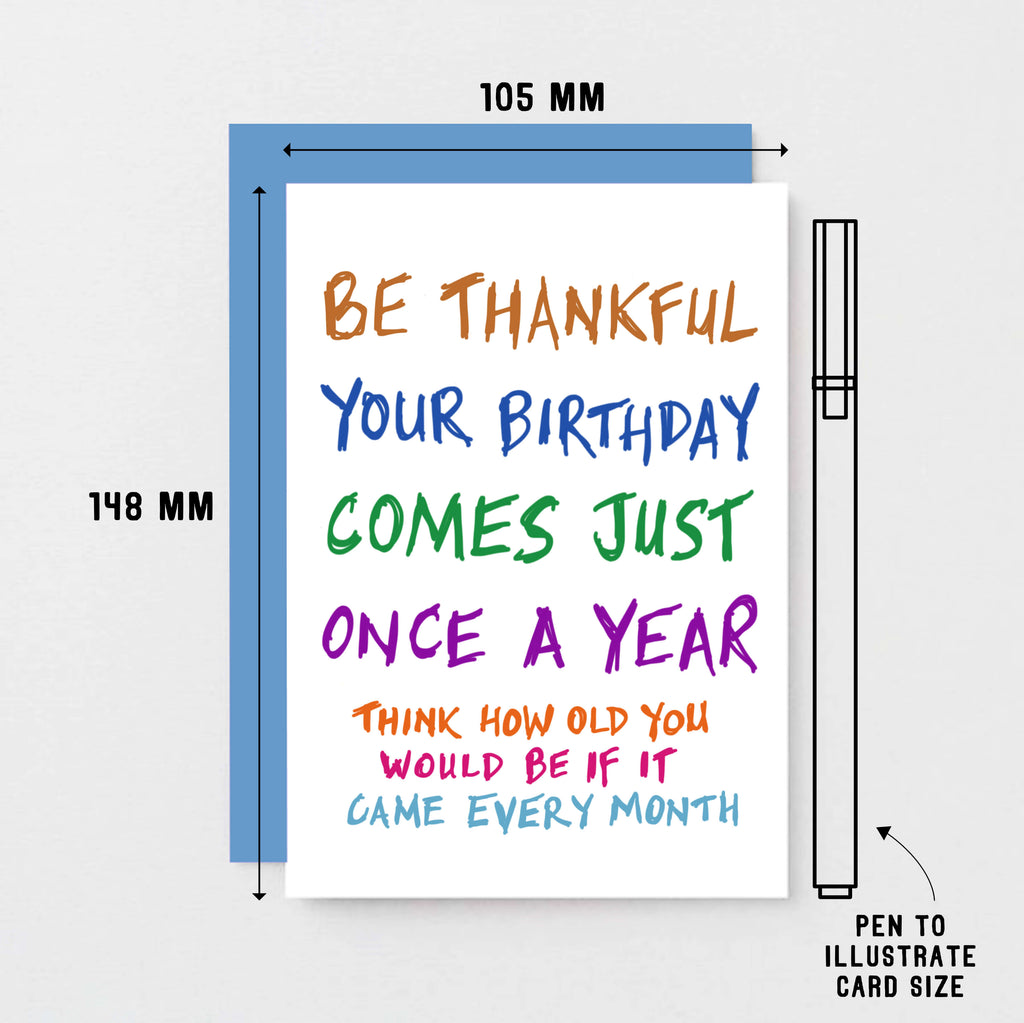 Birthday Card by SixElevenCreations. Reads Be thankful your birthday comes just once a year. Think how old you would be if it came every month. Product Code SE1000A6