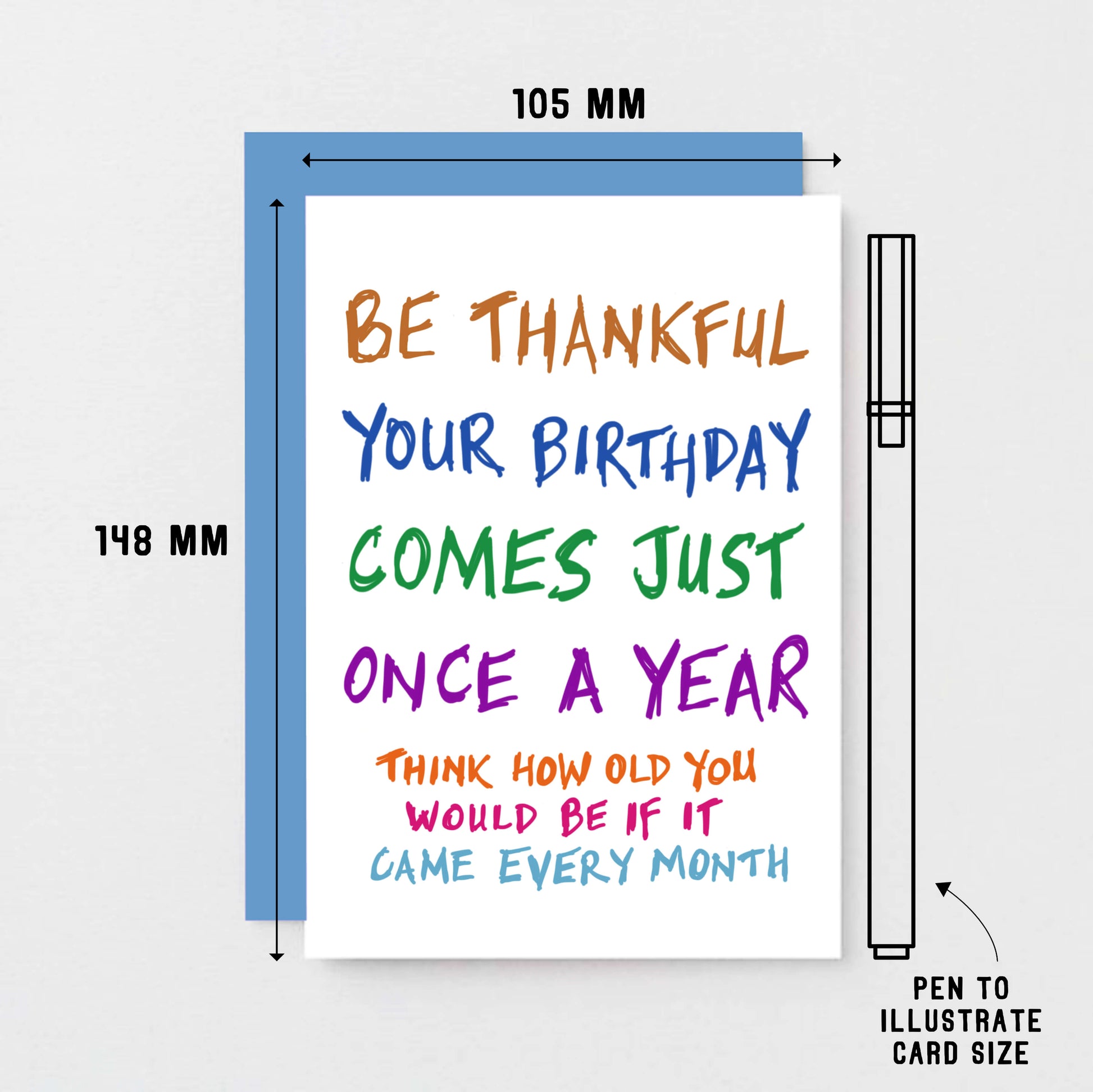 Birthday Card by SixElevenCreations. Reads Be thankful your birthday comes just once a year. Think how old you would be if it came every month. Product Code SE1000A6