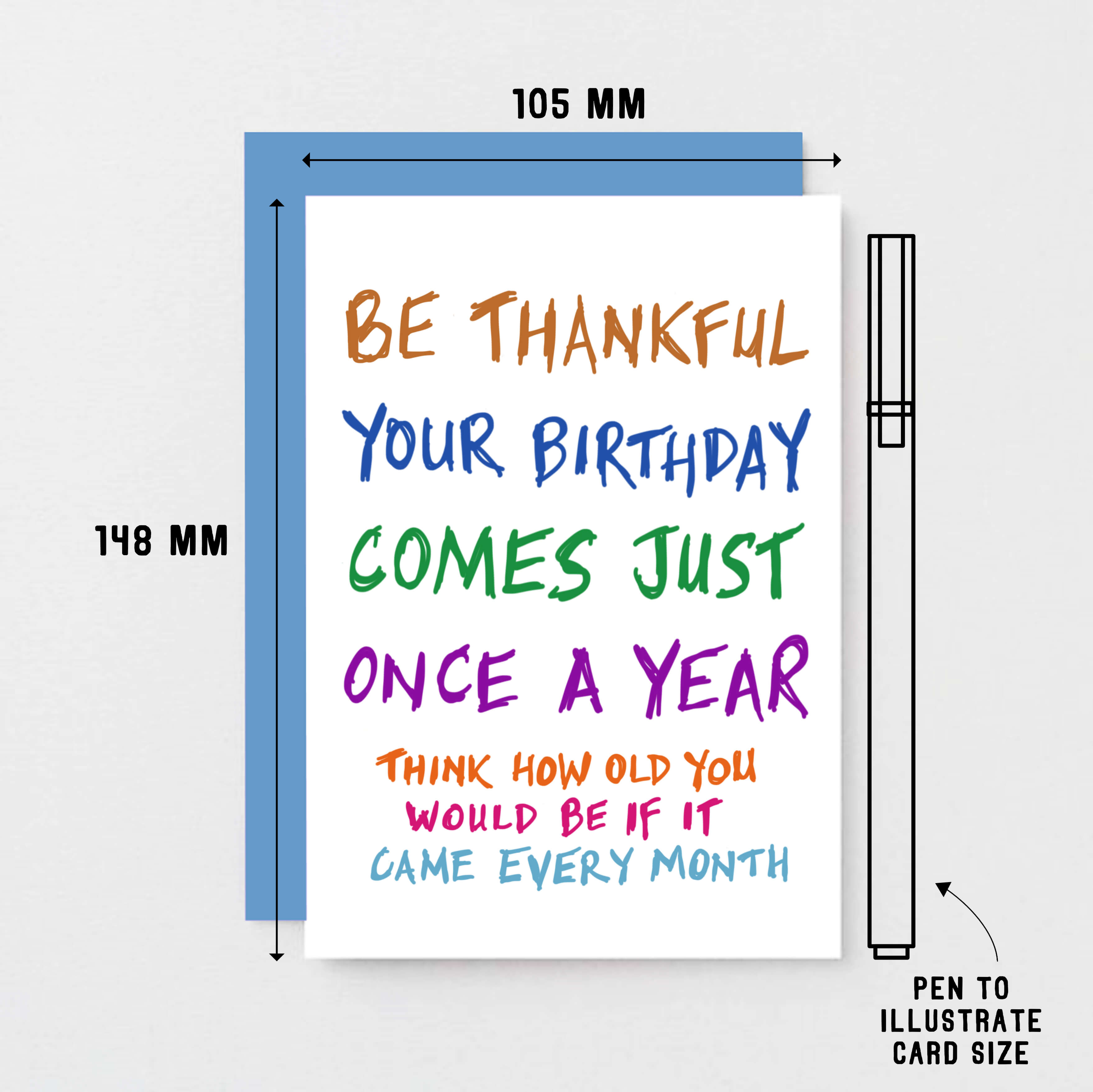 Birthday Card by SixElevenCreations. Reads Be thankful your birthday comes just once a year. Think how old you would be if it came every month. Product Code SE1000A6