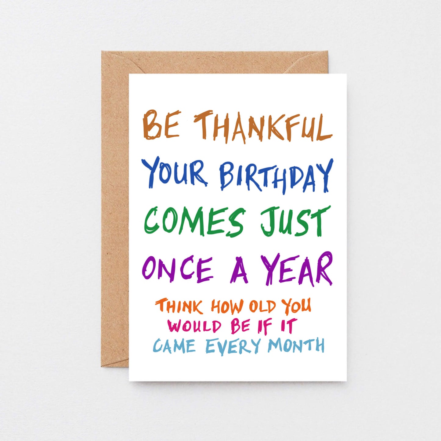 Birthday Card by SixElevenCreations. Reads Be thankful your birthday comes just once a year. Think how old you would be if it came every month. Product Code SE1000A6