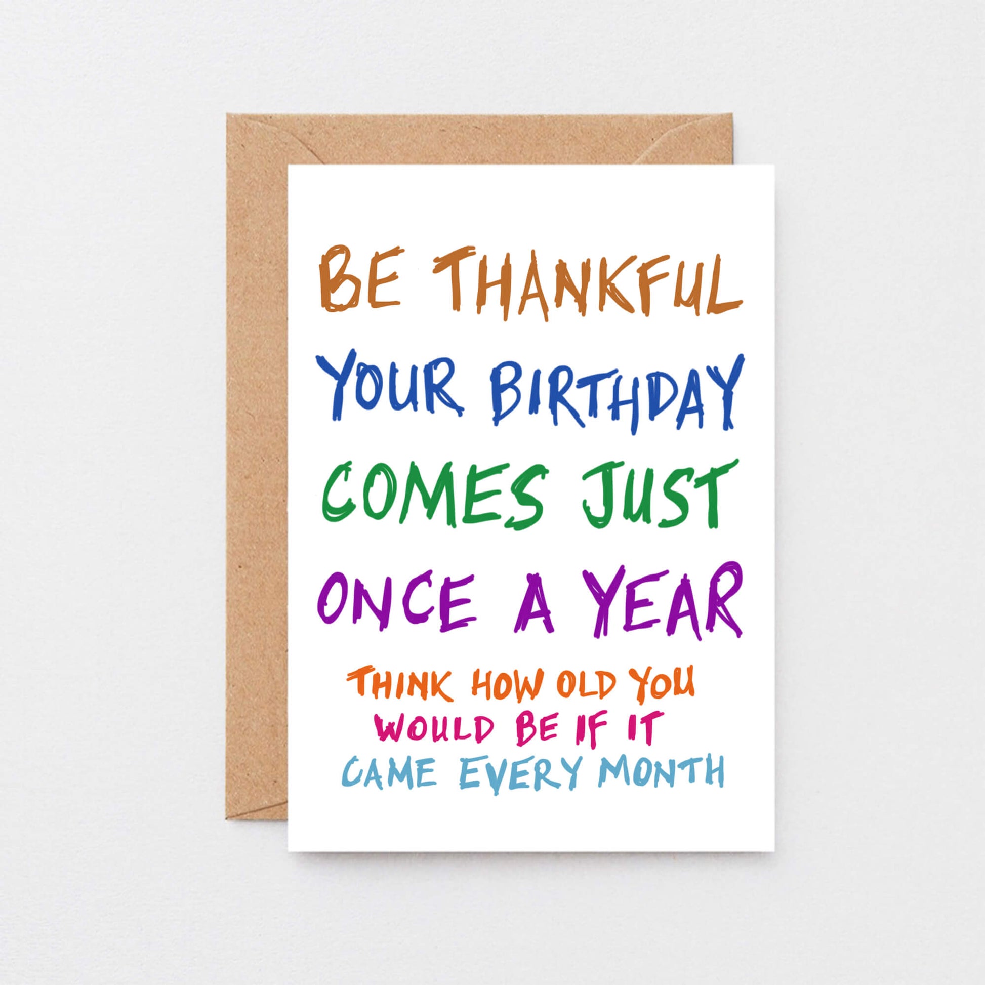 Birthday Card by SixElevenCreations. Reads Be thankful your birthday comes just once a year. Think how old you would be if it came every month. Product Code SE1000A6