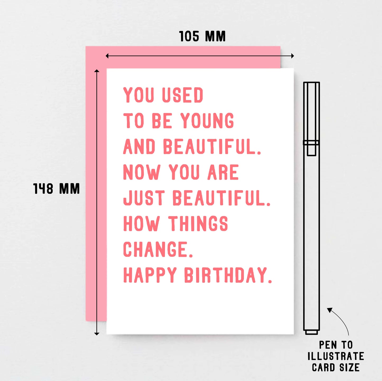 Birthday Card by SixElevenCreations. Reads You used to be young and beautiful. Now you are just beautiful. How things change. Happy birthday. Product Code SE2016A6