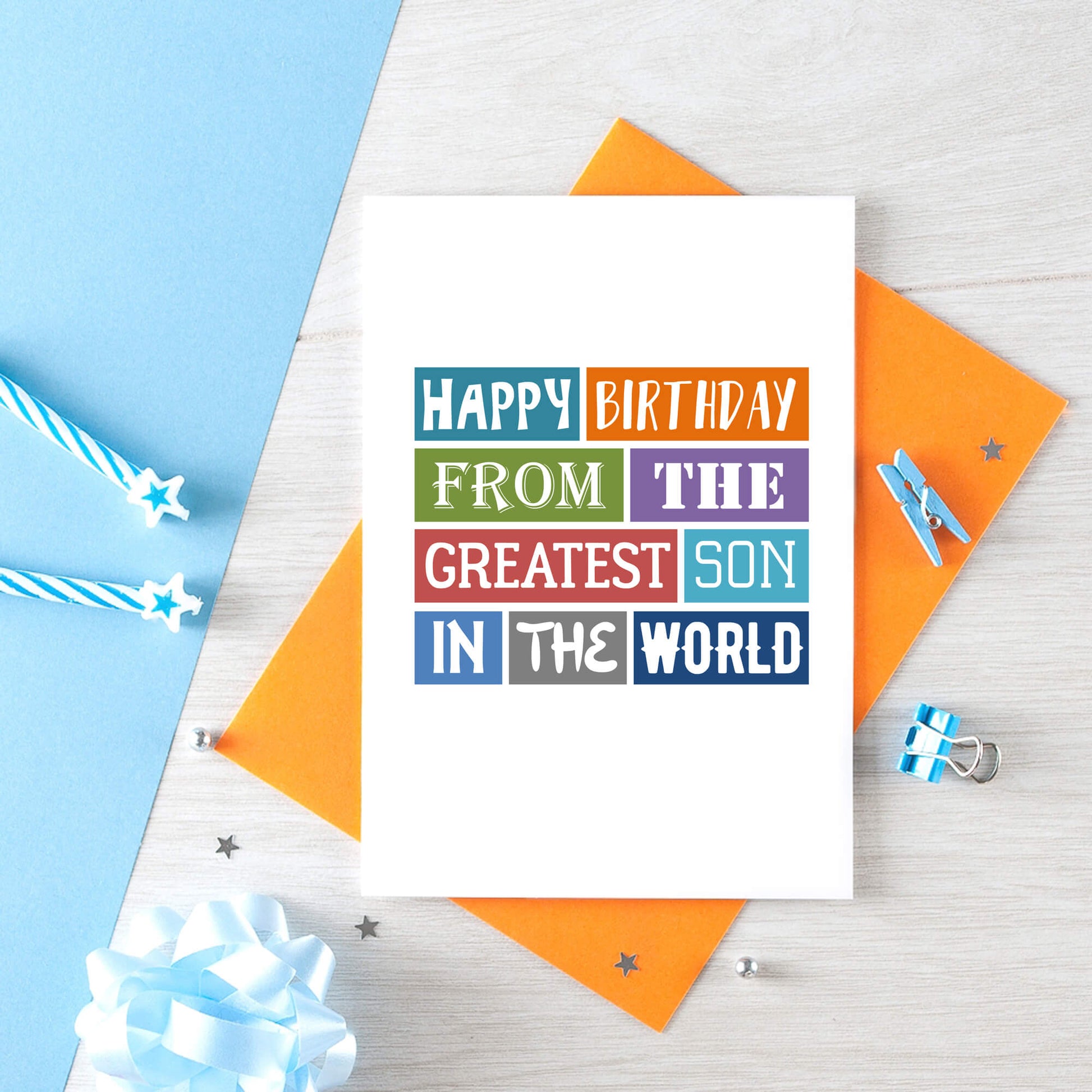 Birthday Card by SixElevenCreations. Reads Happy birthday from the greatest son in the world. Product Code SE0158A6