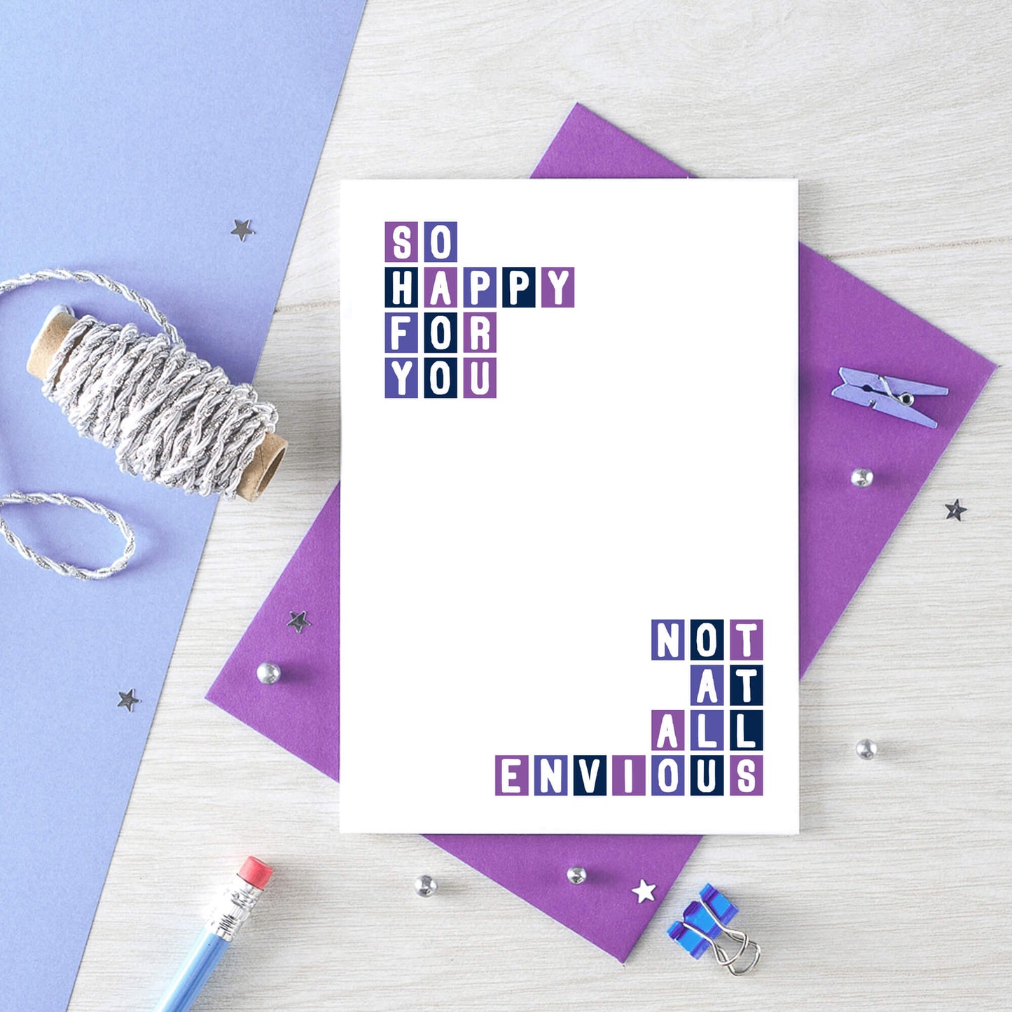 Congratulations Card by SixElevenCreations. Reads So happy for you. Not at all envious. Product Code SE0323A6