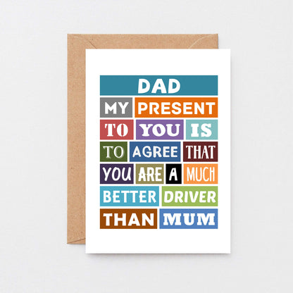 Dad Birthday Card by SixElevenCreations. Reads Dad My present to you is to agree that you are a much better driver than mum. Product Code SE0125A6