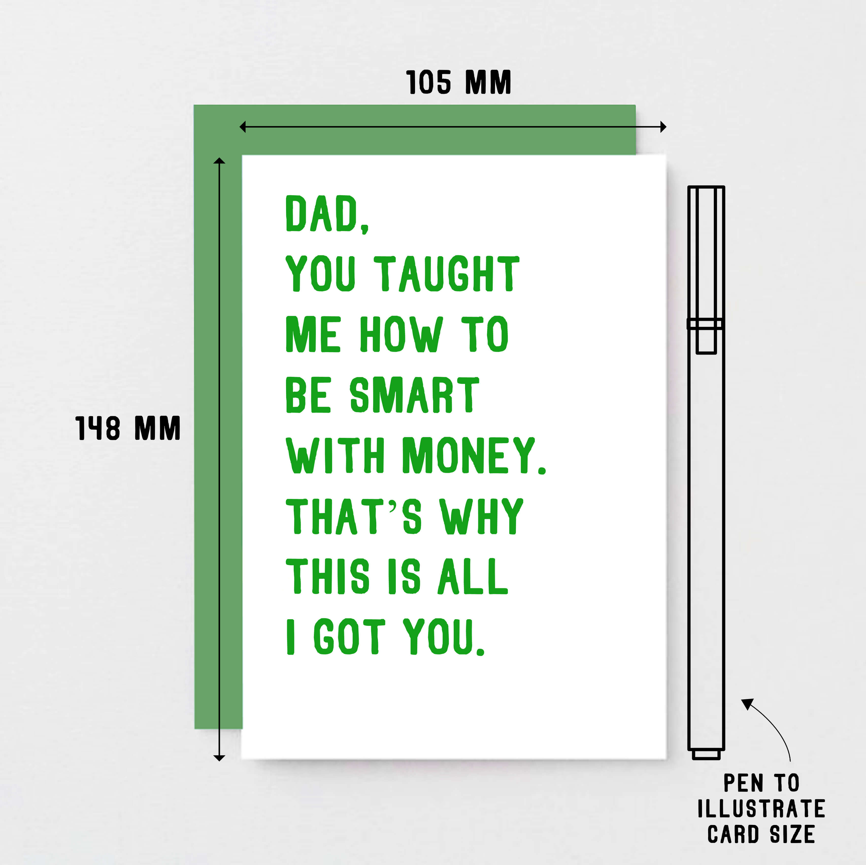 Funny Dad Card by SixElevenCreations. Reads Dad, you taught me how to be smart with money. That's why this is all I got you. Product Code SE2029A6