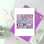 Eid Mubarak Card by SixElevenCreations. Reads Eid Mubarak Mum and Dad. So grateful for the two of you. Product Code SEH0013A6
