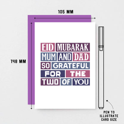Eid Mubarak Card by SixElevenCreations. Reads Eid Mubarak Mum and Dad. So grateful for the two of you. Product Code SEH0013A6