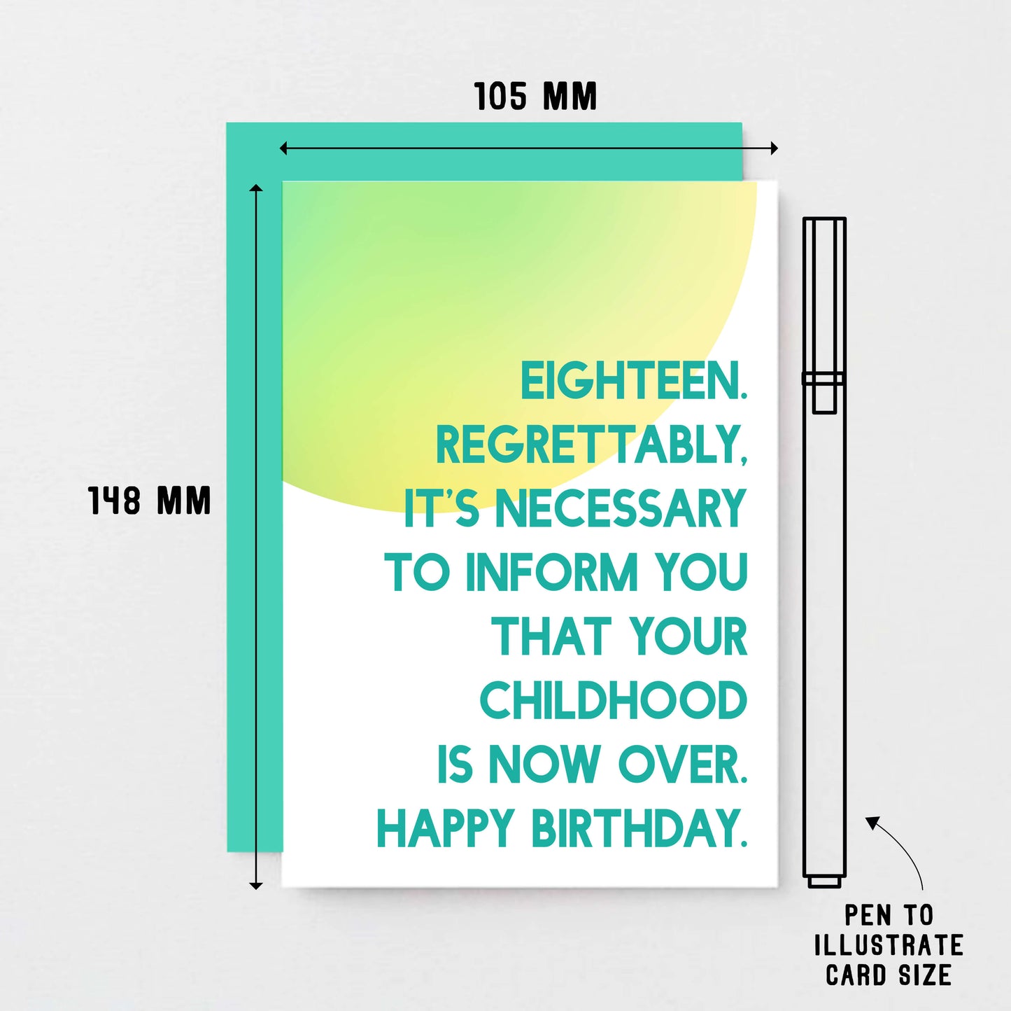 18th Birthday Card by SixElevenCreations. Reads Eighteen. Regrettably, it's necessary to inform you that your childhood is now over. Happy birthday. Product Code SE2051A6
