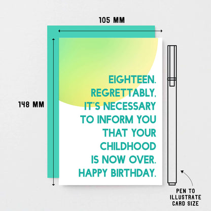 18th Birthday Card by SixElevenCreations. Reads Eighteen. Regrettably, it's necessary to inform you that your childhood is now over. Happy birthday. Product Code SE2051A6