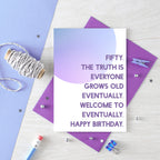 50th Birthday Card by SixElevenCreations. Reads Fifty. The truth is everyone grows old eventually. Welcome to eventually. Happy birthday. Product Code SE2056A6