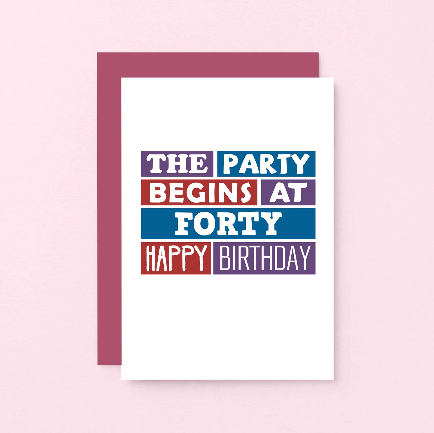 40th Birthday Card by SixElevenCreations. Reads The party begins at forty. Happy birthday. Product Code SE0227A6