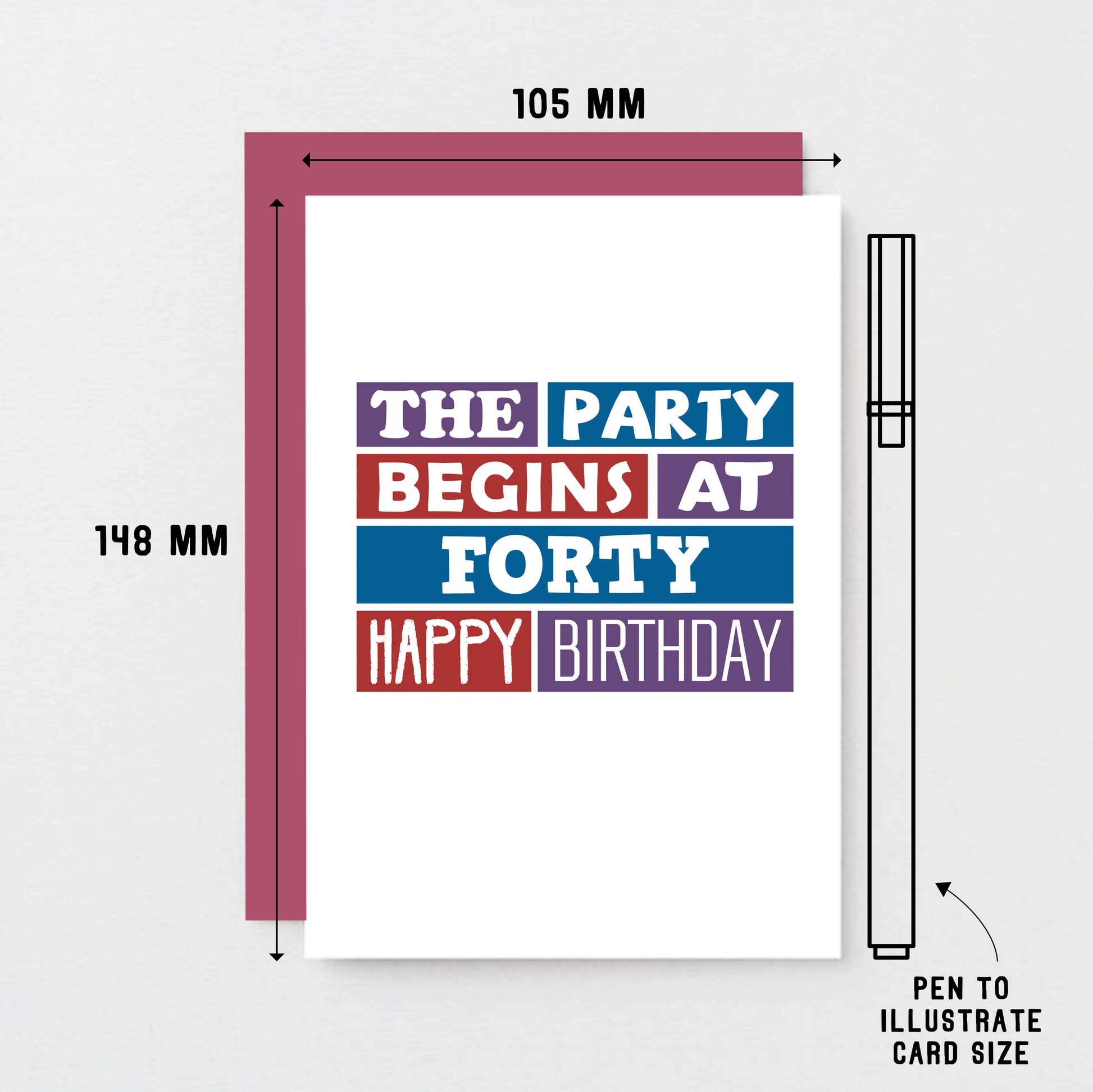 40th Birthday Card by SixElevenCreations. Reads The party begins at forty. Happy birthday. Product Code SE0227A6