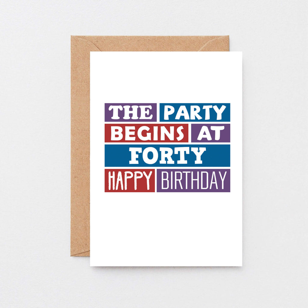 40th Birthday Card by SixElevenCreations. Reads The party begins at forty. Happy birthday. Product Code SE0227A6