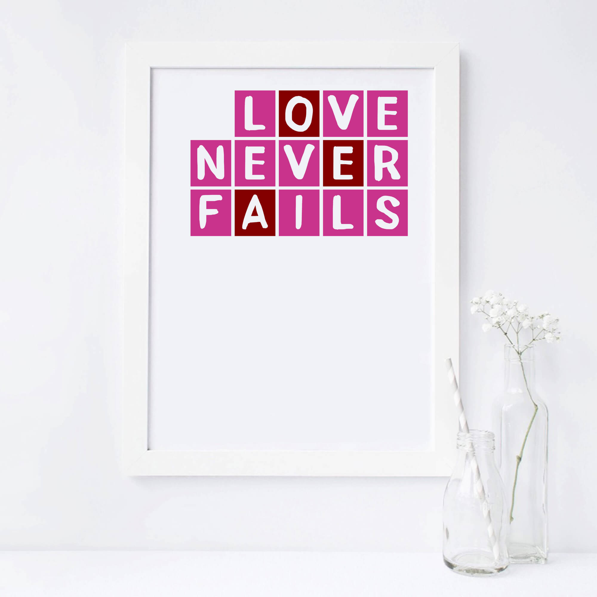 Love Never Fails Print in pink and red by SixElevenCreations. Product Code SEP0087