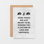 Gay Wedding Congratulations Card by SixElevenCreations. Reads Mr & Mr Some things are just meant to be. Wishing you a lifetime of love and happiness. Product Code SE3017A6