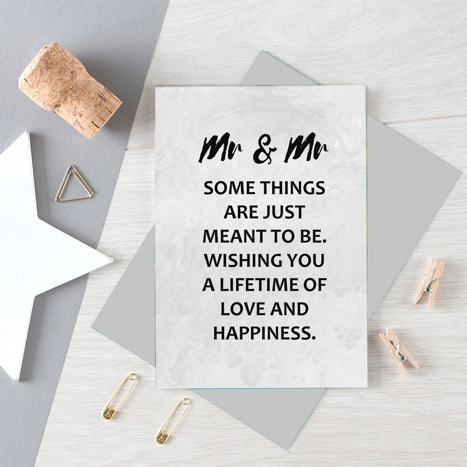 Gay Wedding Congratulations Card by SixElevenCreations. Reads Mr & Mr Some things are just meant to be. Wishing you a lifetime of love and happiness. Product Code SE3017A6