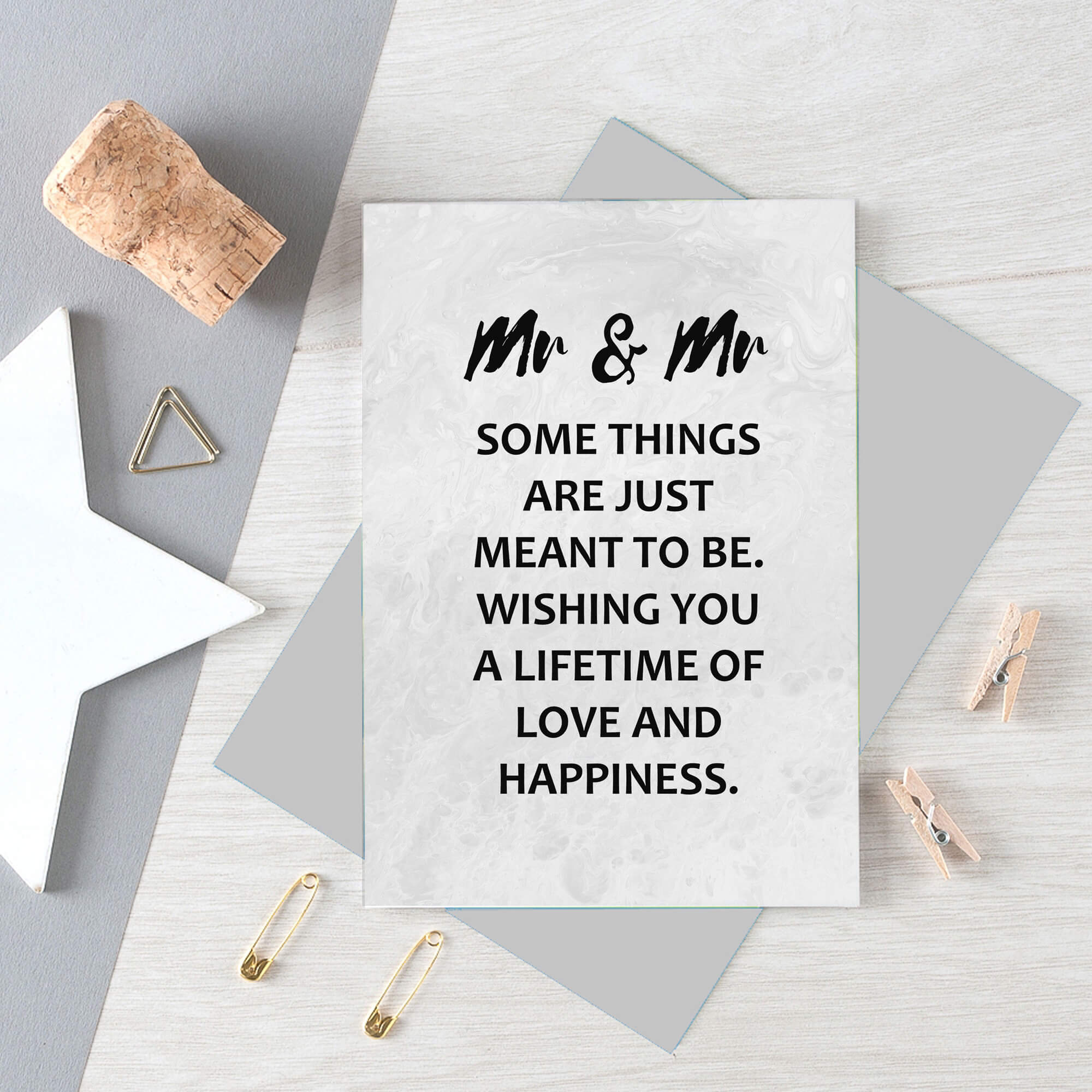 Gay Wedding Congratulations Card by SixElevenCreations. Reads Mr & Mr Some things are just meant to be. Wishing you a lifetime of love and happiness. Product Code SE3017A6