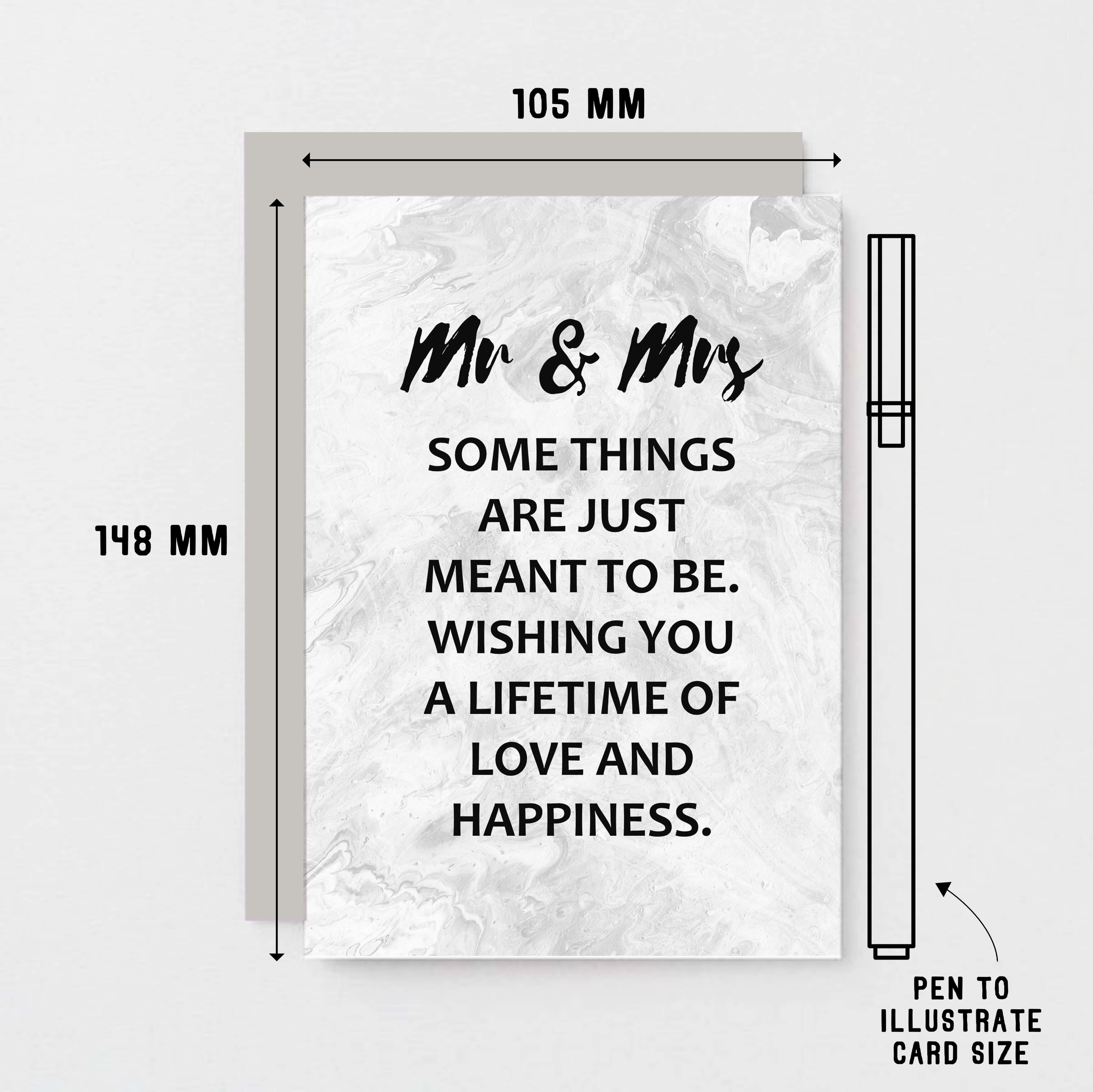 Wedding Congratulations Card by SixElevenCreations. Reads Mr & Mrs Some things are just meant to be. Wishing you a lifetime of love and happiness. Product Code SE3016A6