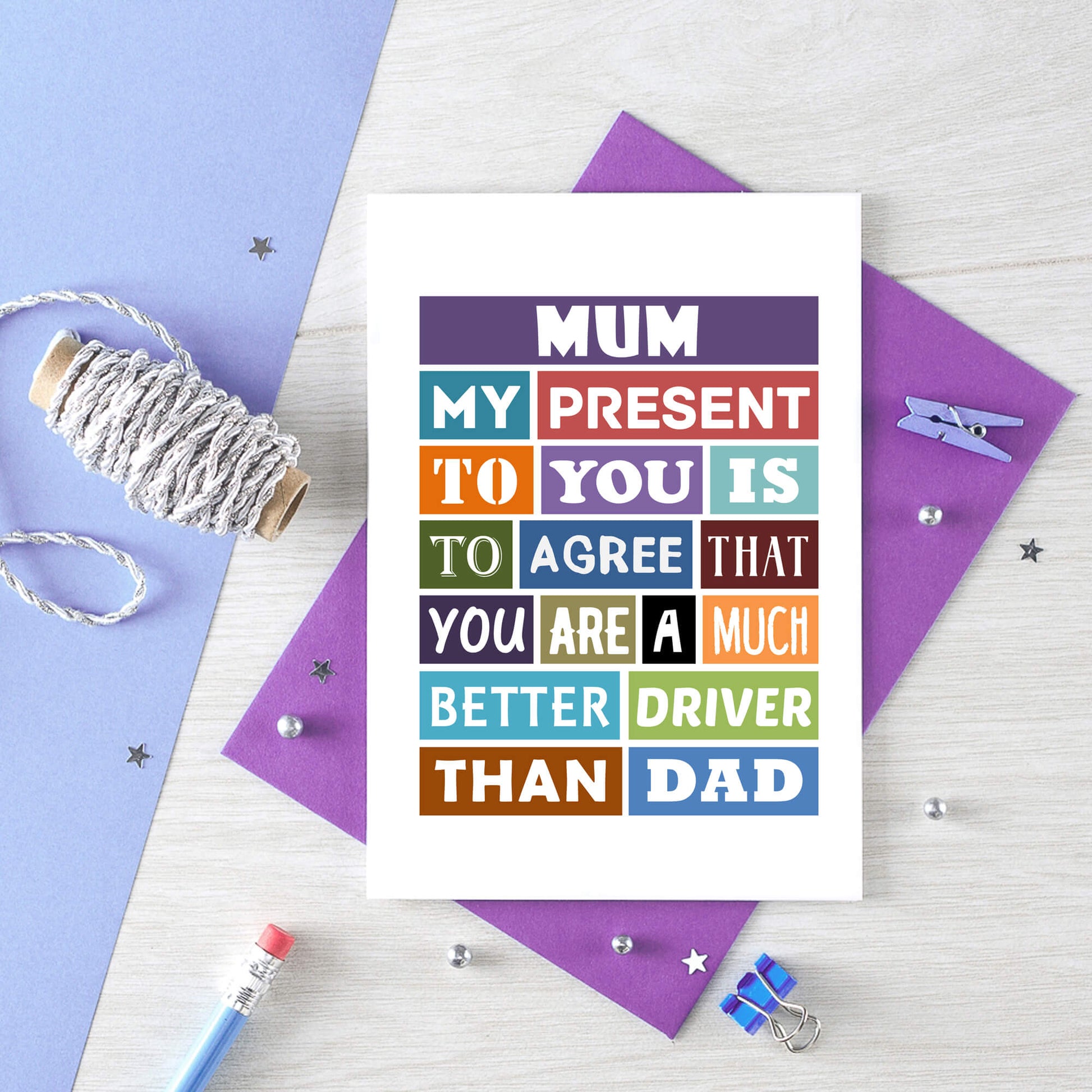 Mum Birthday Card by SixElevenCreations. Reads Mum My present to you is to agree that you are a much better driver than dad. Product Code SE0126A6