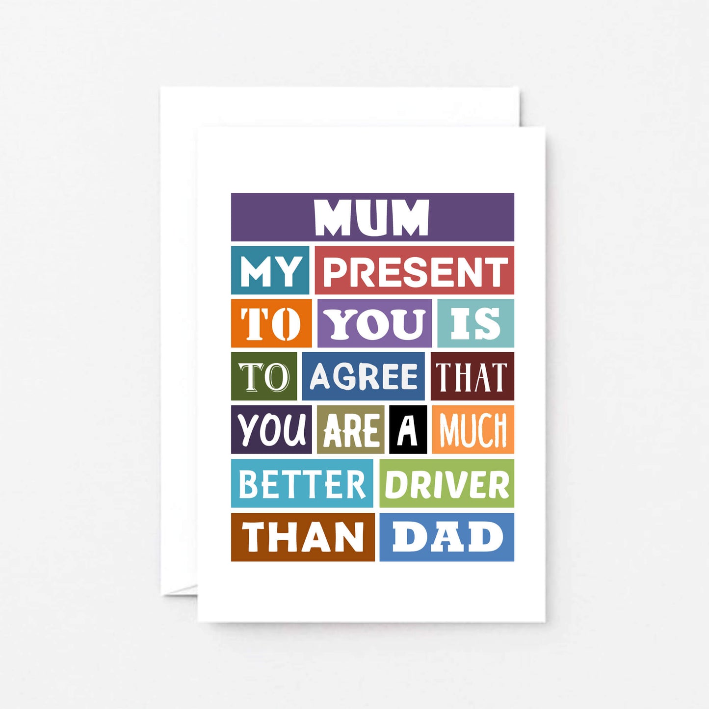 Mum Birthday Card by SixElevenCreations. Reads Mum My present to you is to agree that you are a much better driver than dad. Product Code SE0126A6