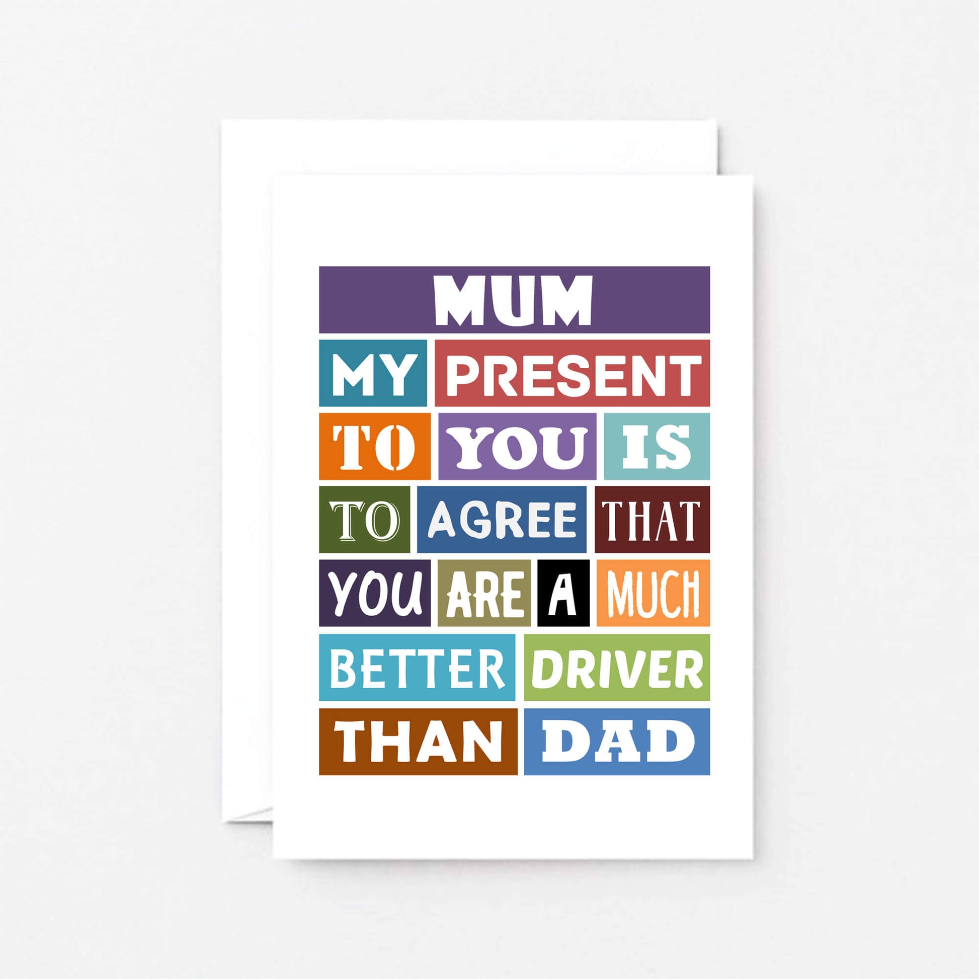 Mum Birthday Card by SixElevenCreations. Reads Mum My present to you is to agree that you are a much better driver than dad. Product Code SE0126A6