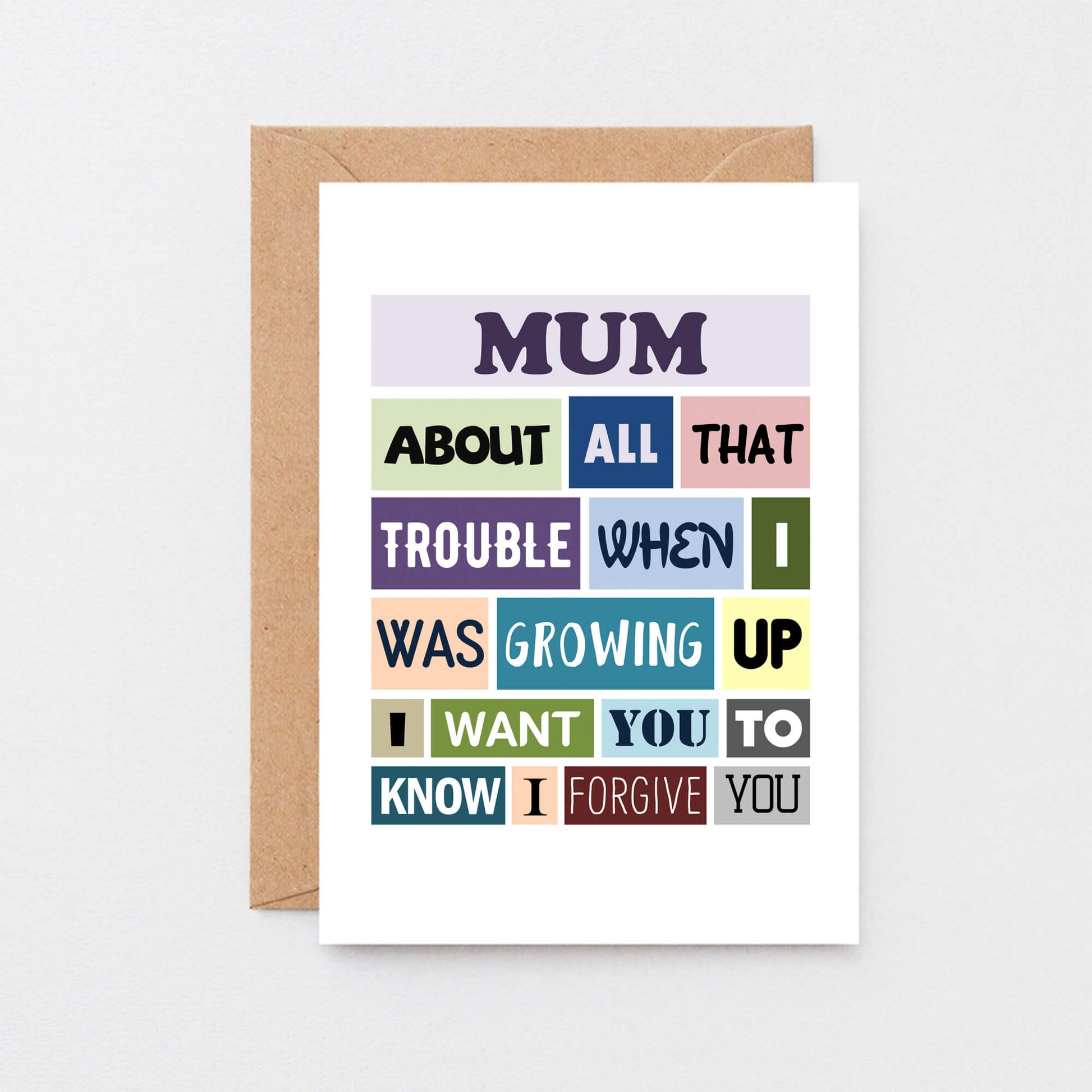 Mum Card by SixElevenCreations. Reads Mum About all that trouble when I was growing up I want you to know I forgive you. Product Code SE0132A6