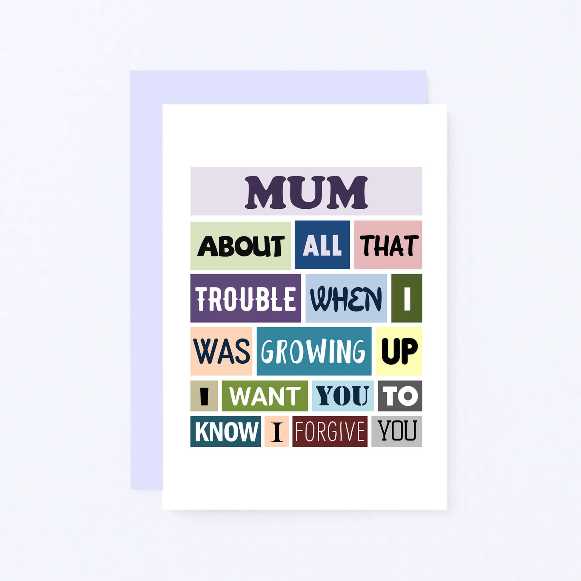 Mum Card by SixElevenCreations. Reads Mum About all that trouble when I was growing up I want you to know I forgive you. Product Code SE0132A6