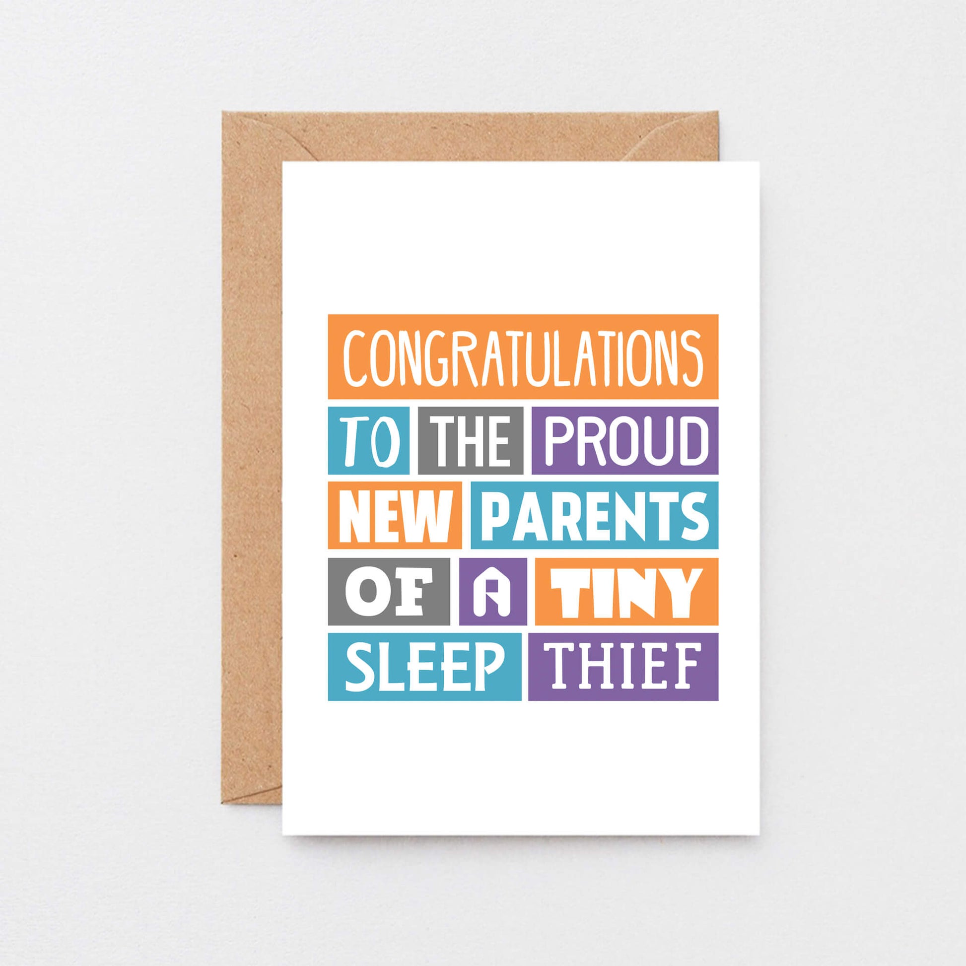 New Baby Card by SixElevenCreations. Reads Congratulations to the proud new parents of a tiny sleep thief. Product code SE0019A6