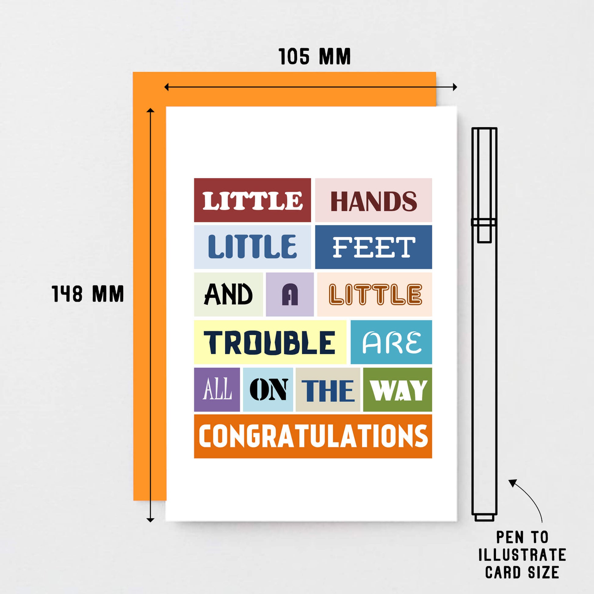 New Baby Card by SixElevenCreations. Reads Little hands little feet and a little trouble are are all on the way. Congratulations. Product Code SE0110A6
