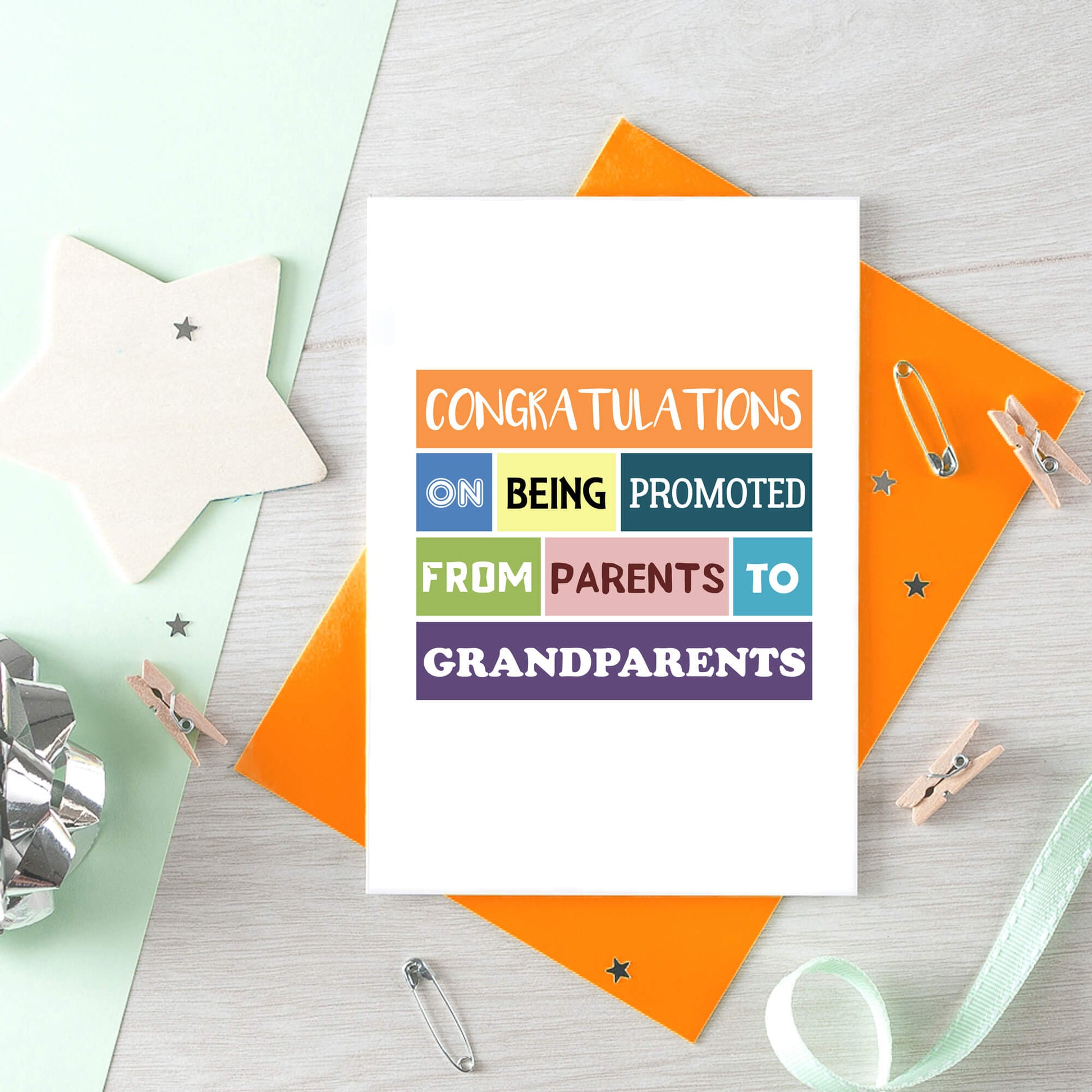Grandparents New Baby Card by SixElevenCreations. Reads Congratulations on being promoted from parents to grandparents. Product Code SE0122A6