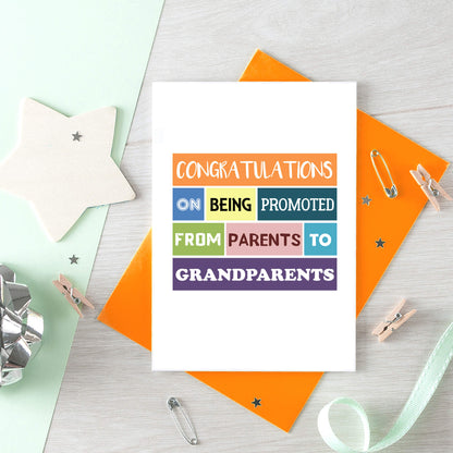 Grandparents New Baby Card by SixElevenCreations. Reads Congratulations on being promoted from parents to grandparents. Product Code SE0122A6