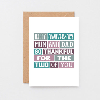 Parents Anniversary Card by SixElevenCreations. Reads Happy anniversary mum and dad. So thankful for the two of you. Product Code SE0063A6