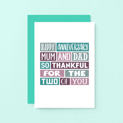 Parents Anniversary Card by SixElevenCreations. Reads Happy anniversary mum and dad. So thankful for the two of you. Product Code SE0063A6