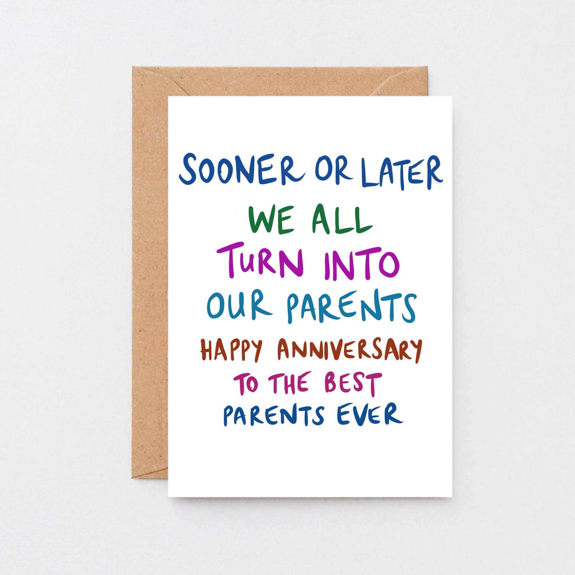 Parents Anniversary Card by SixElevenCreations. Reads Sooner or later we all turn into our parents. Happy anniversary to the best parents ever. Product Code SE1004A6