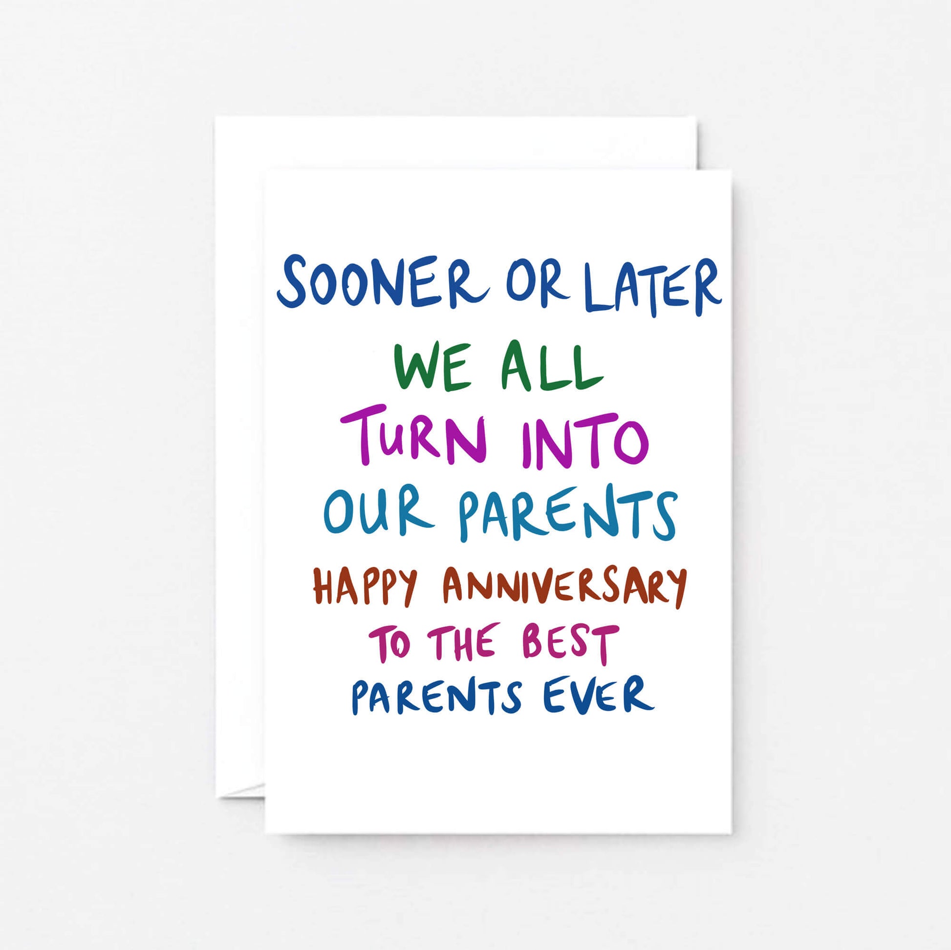 Parents Anniversary Card by SixElevenCreations. Reads Sooner or later we all turn into our parents. Happy anniversary to the best parents ever. Product Code SE1004A6