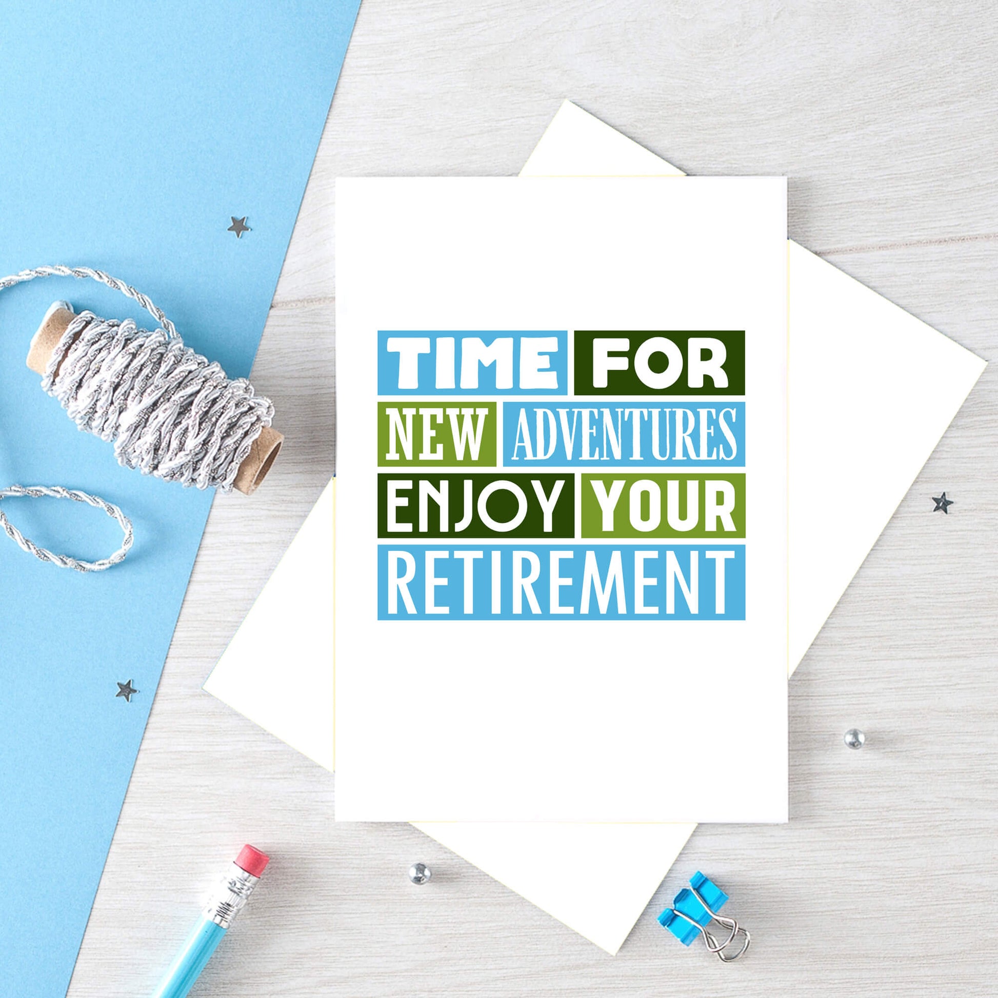 Retirement Card by SixElevenCreations. Reads Time for new adventures. Enjoy your retirement. Product Code SE0101A5