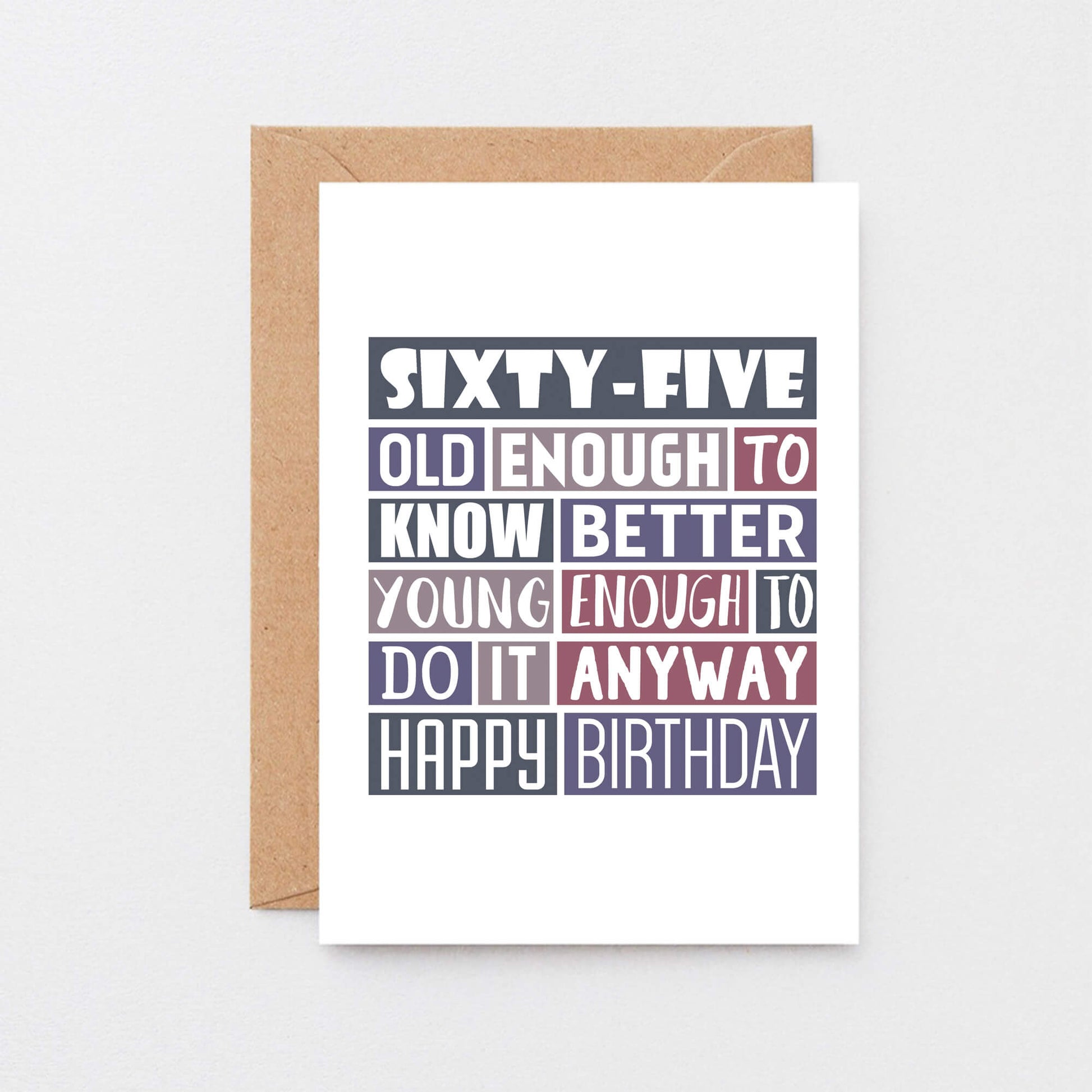 65th Birthday Card by SixElevenCreations. Reads Sixty-five Old enough to know better Young enough to do it anyway Happy birthday. Product Code SE0294A6