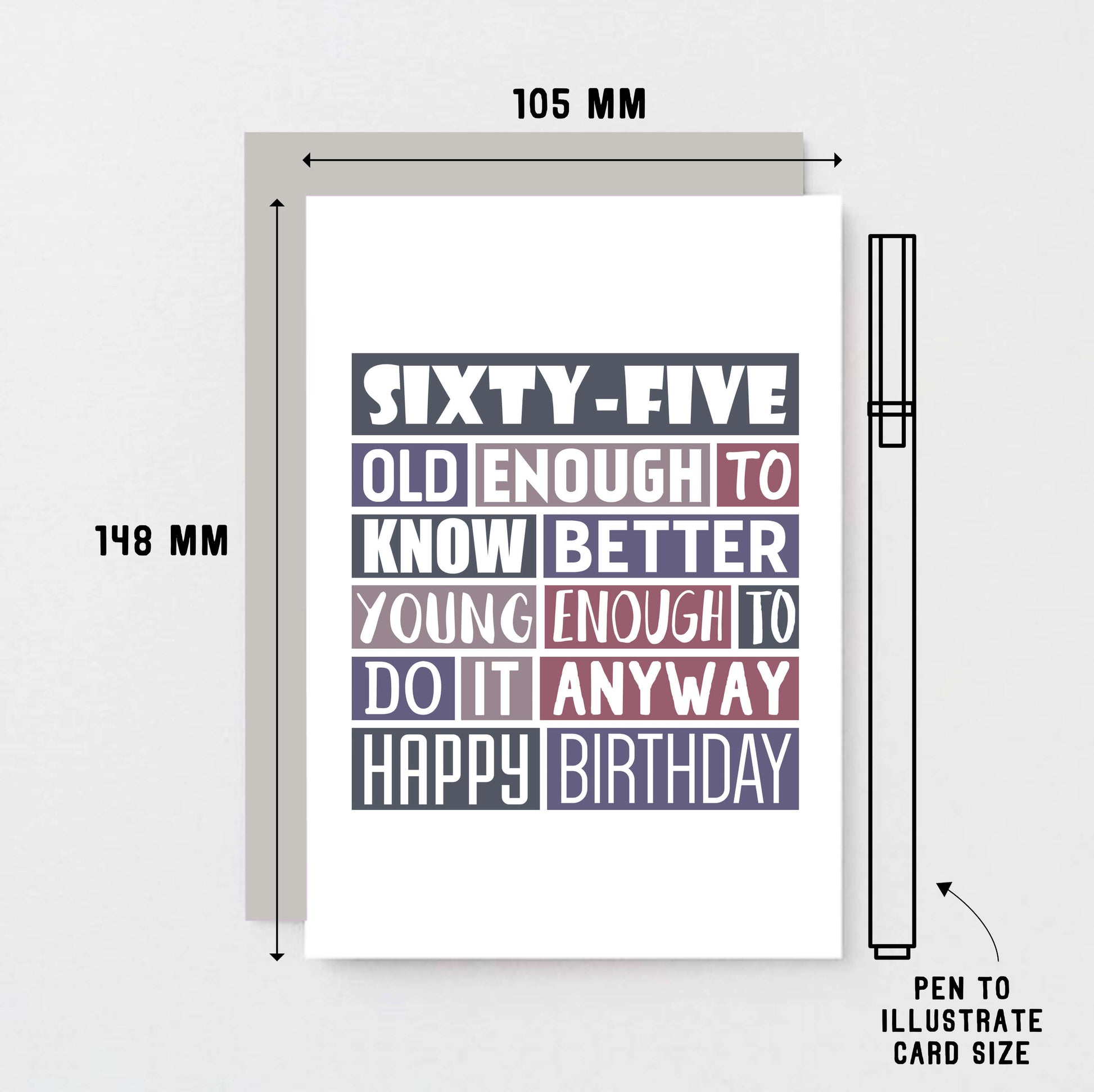 65th Birthday Card by SixElevenCreations. Reads Sixty-five Old enough to know better Young enough to do it anyway Happy birthday. Product Code SE0294A6