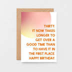 30th Birthday Card by SixElevenCreations. Reads Thirty. It now takes longer to get over a good time than to have it in the first place. Happy birthday. Product Code SE2054A6