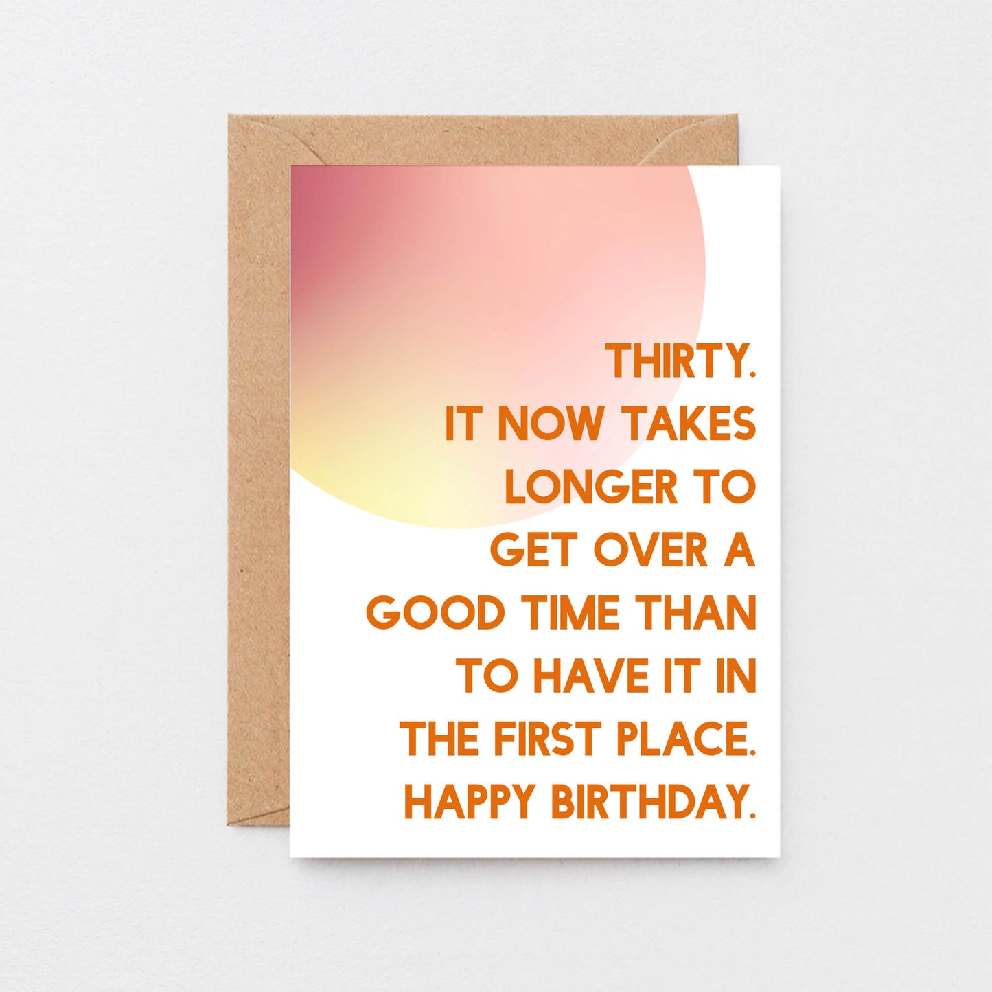 30th Birthday Card by SixElevenCreations. Reads Thirty. It now takes longer to get over a good time than to have it in the first place. Happy birthday. Product Code SE2054A6