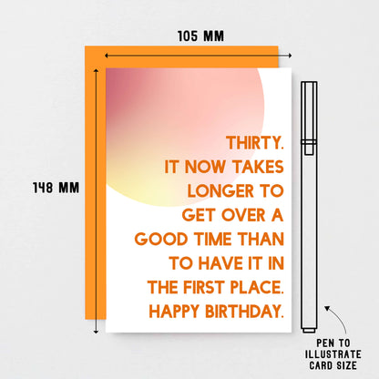 30th Birthday Card by SixElevenCreations. Reads Thirty. It now takes longer to get over a good time than to have it in the first place. Happy birthday. Product Code SE2054A6