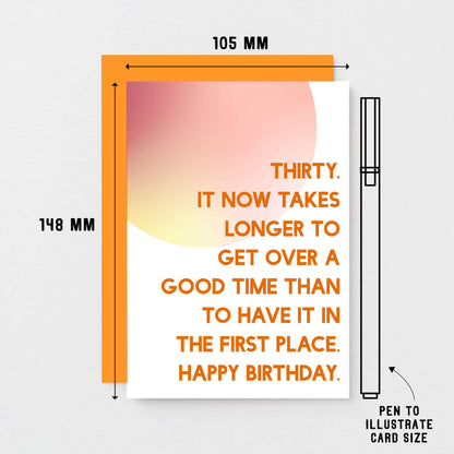 30th Birthday Card by SixElevenCreations. Reads Thirty. It now takes longer to get over a good time than to have it in the first place. Happy birthday. Product Code SE2054A6