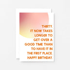 30th Birthday Card by SixElevenCreations. Reads Thirty. It now takes longer to get over a good time than to have it in the first place. Happy birthday. Product Code SE2054A6