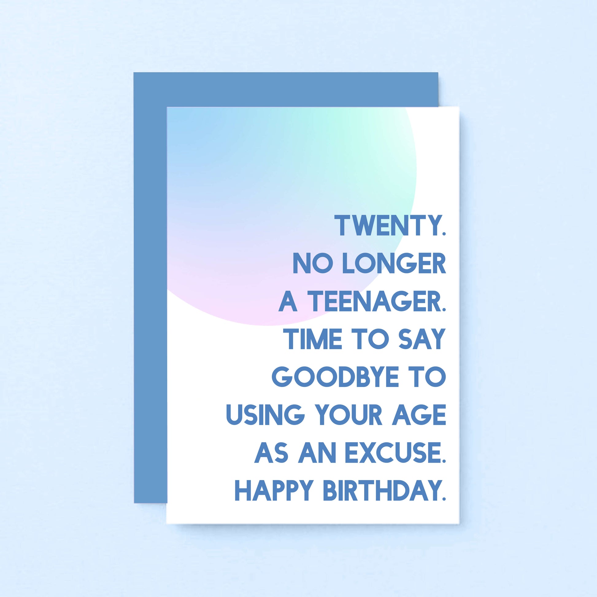 20th Birthday Card by SixElevenCreations. Reads Twenty. No longer a teenager. Time to say goodbye to using your age as an excuse. Happy birthday. Product Code SE2052A6