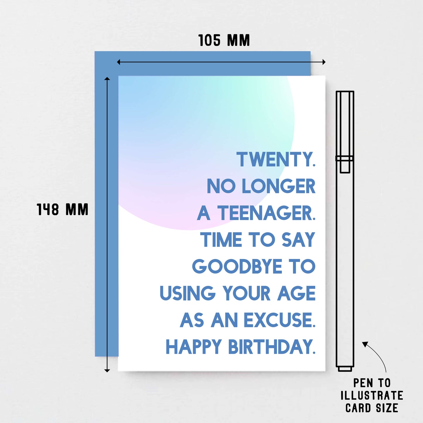 20th Birthday Card by SixElevenCreations. Reads Twenty. No longer a teenager. Time to say goodbye to using your age as an excuse. Happy birthday. Product Code SE2052A6